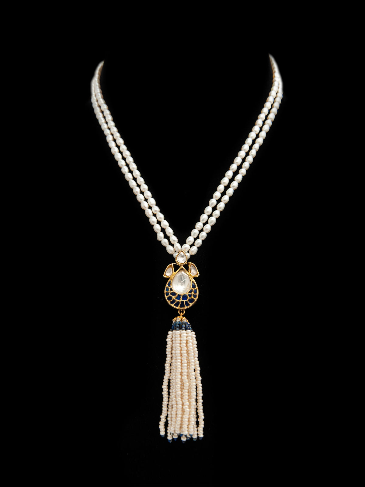 Pearlescent Tassel Elegance: 925 Silver Kundan Pearl Necklace view 3