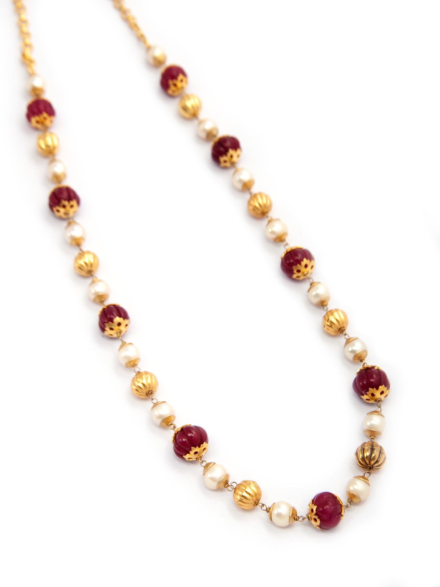 Scarlet Melon Radiance: 925 Silver Beaded Necklace with Red Melon Cut Beads