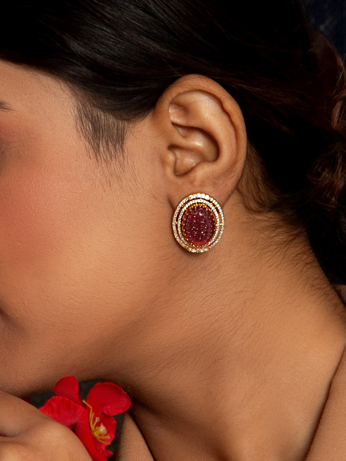 Crimson Carved Gemstone Studs: 925 Sterling Silver Gold Plated view 5