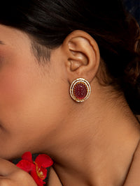 Crimson Carved Gemstone Studs: 925 Sterling Silver Gold Plated view 5