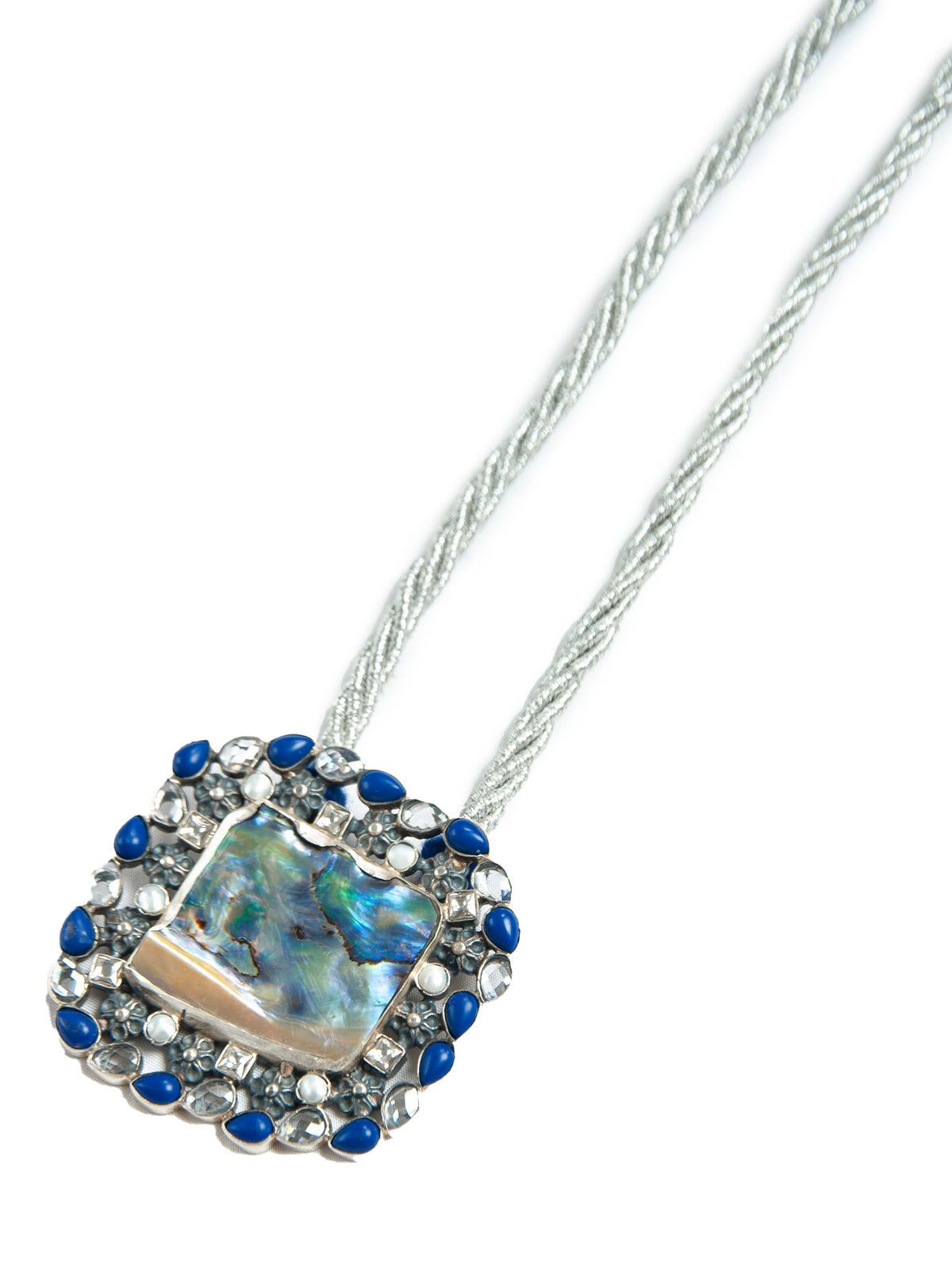 Oceanic Glow: 925 Silver Mother of Pearl Necklace with Blue Thread view 3