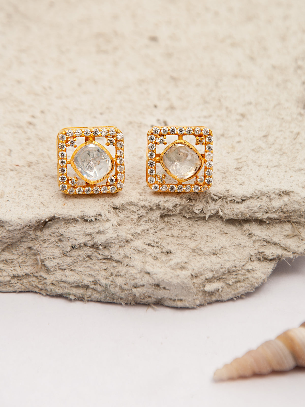 Swarna Varg Moissanite Studs: 925 Sterling Silver Gold Plated view 1