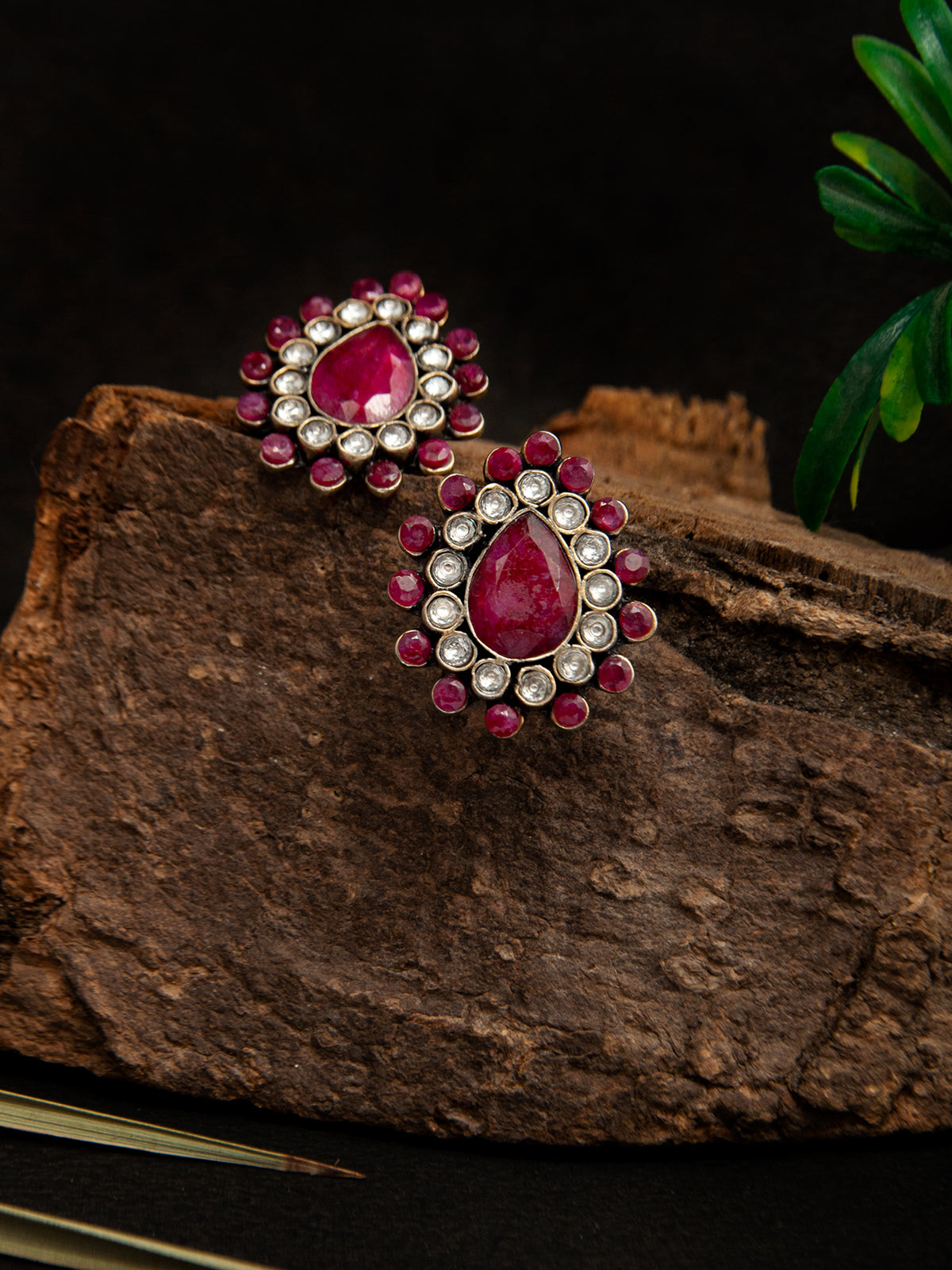 Ratna Kundan Silver Studs: 925 Sterling Silver with Dyed Ruby view 1