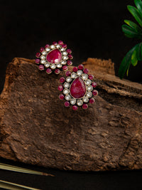 Ratna Kundan Silver Studs: 925 Sterling Silver with Dyed Ruby view 1