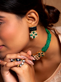 Midnight Sparkle : 925 Silver Moissanite Earrings with Black Carved Stone view 3