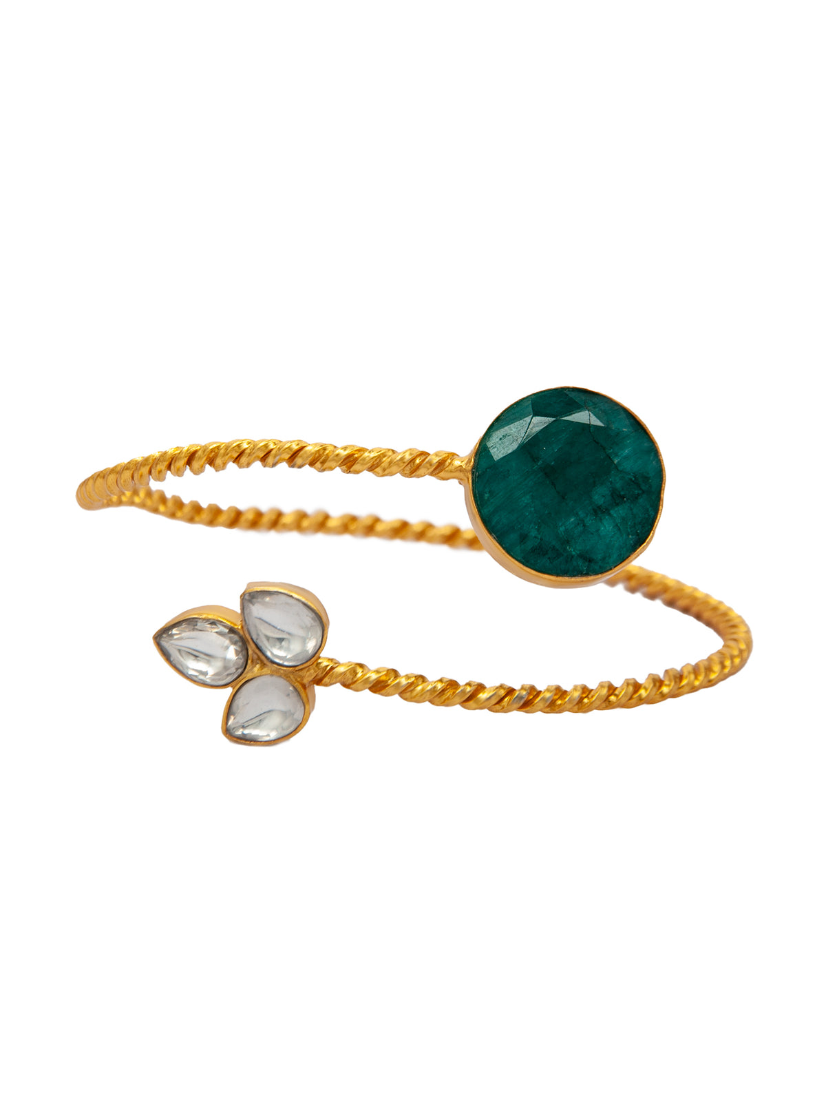 Green Radiance: 925 Silver Gold Plated Bangle Cuff with Green Gemstone and White Kundan view 2