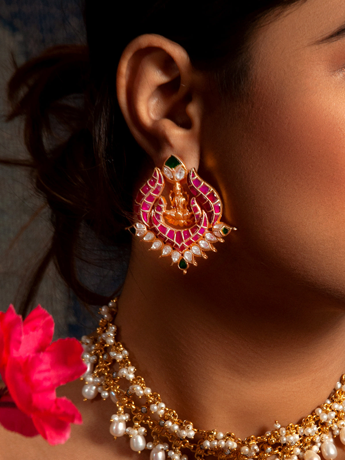 Swarna Mandir Kundan Earrings: 925 Sterling Silver Gold Plated view 4