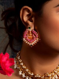 Swarna Mandir Kundan Earrings: 925 Sterling Silver Gold Plated view 4
