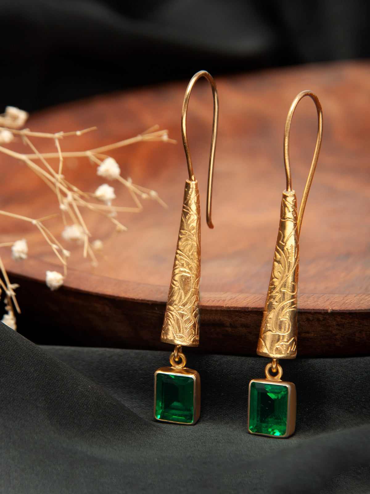 Green Glow Designer Dangler Earrings: 925 Sterling Silver Gold Plated view 1