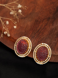 Crimson Carved Gemstone Studs: 925 Sterling Silver Gold Plated view 3