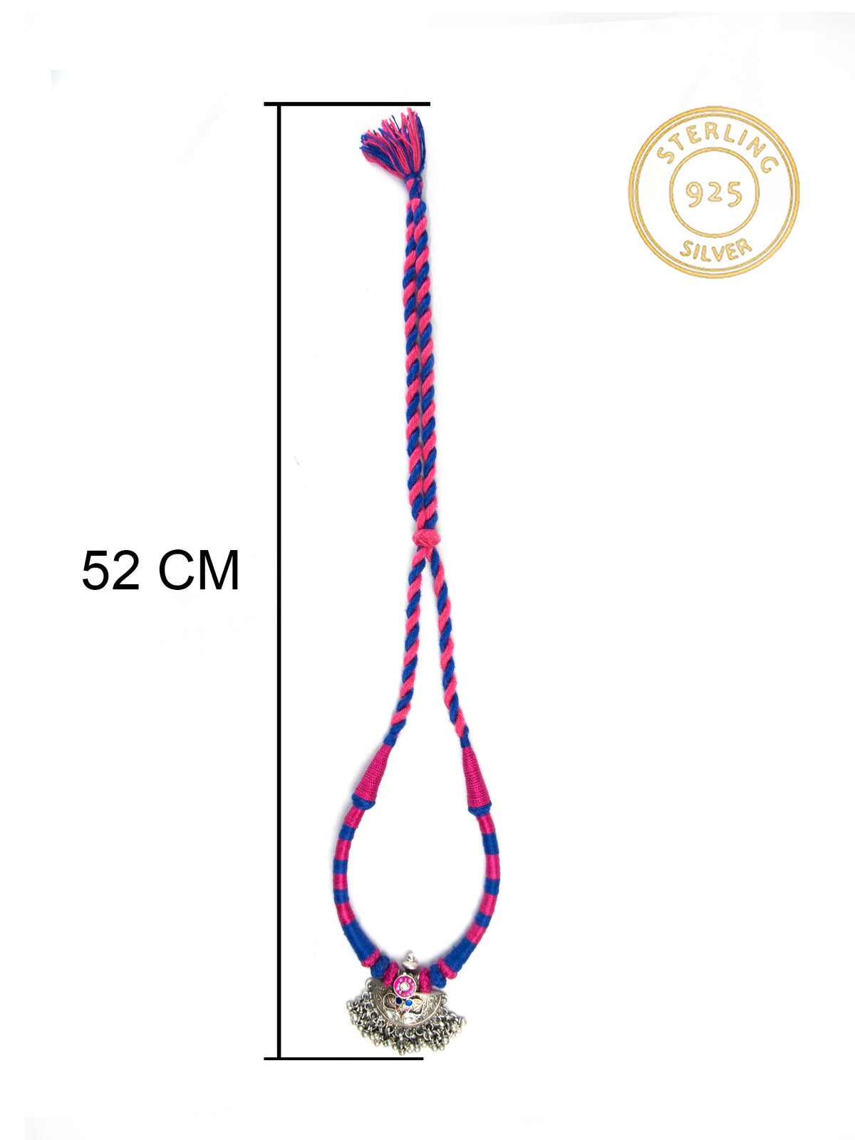 Tribal Ghungroo Symphony: 925 Silver Necklace with Pink and Blue Thread view 6