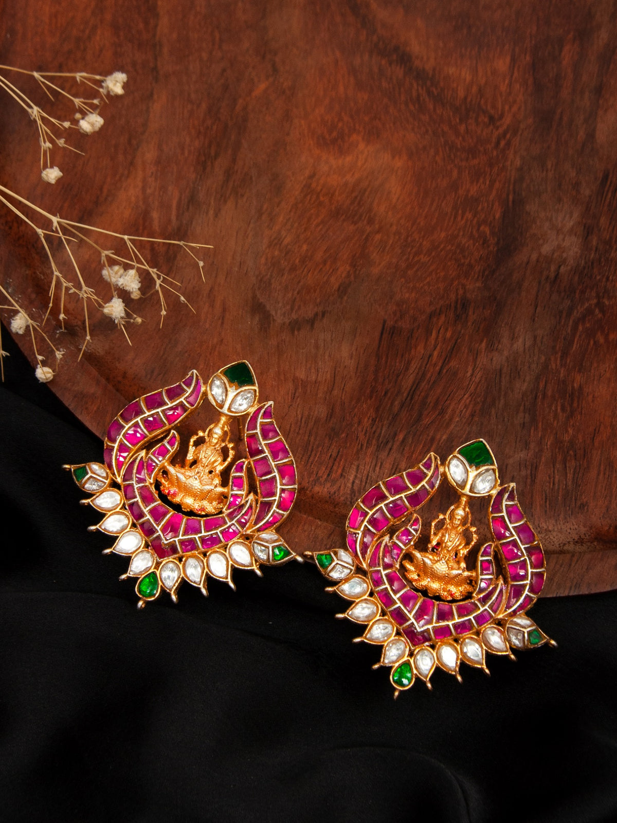 Swarna Mandir Kundan Earrings: 925 Sterling Silver Gold Plated view 1
