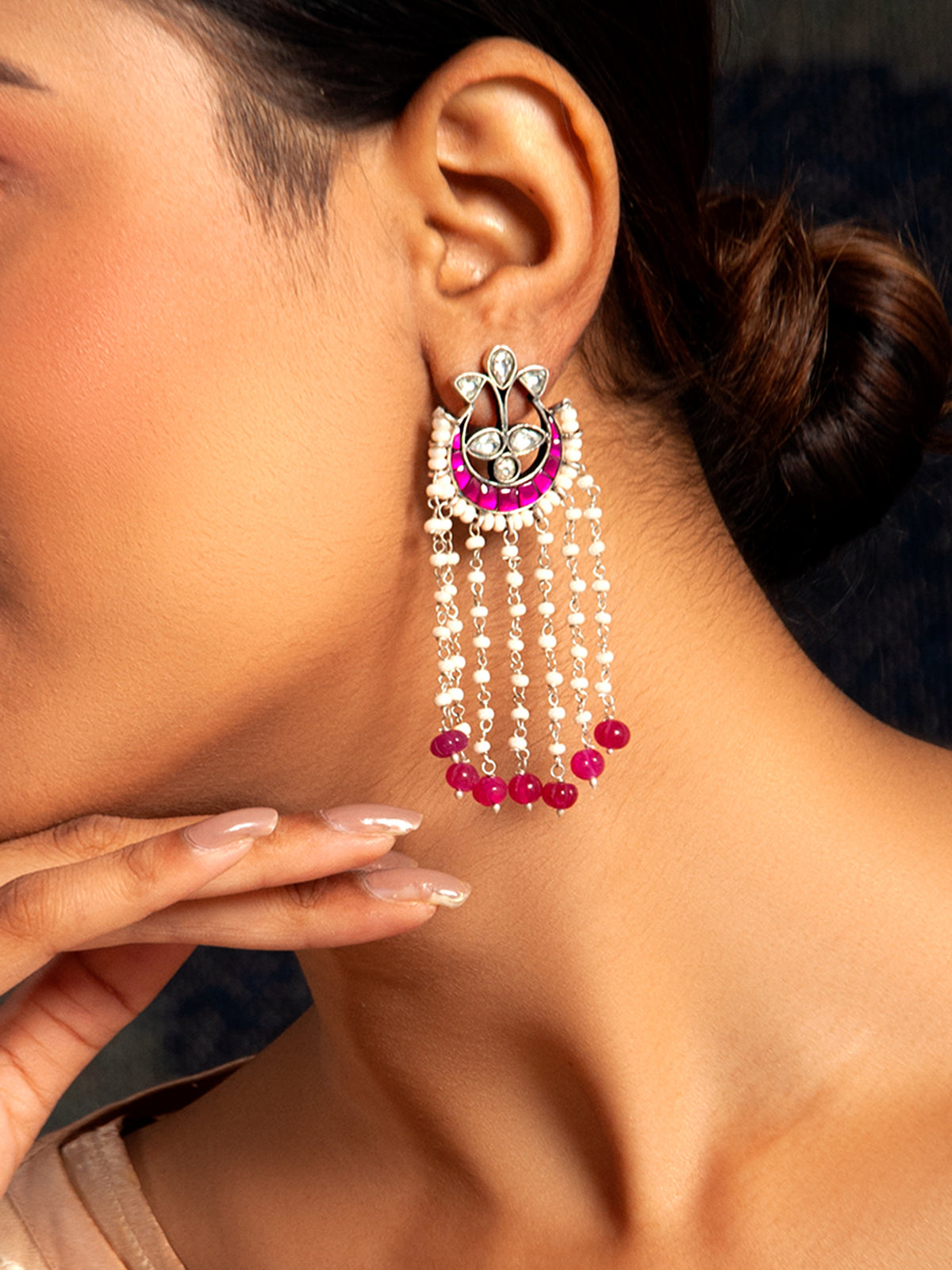 Sone Ki Gulabi Chaandbali: 925 Sterling Silver with Pink and White Kundan and Pearl view 4