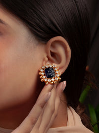 Blue Floral Carved Rectangle Earrings with Kundan Sparkle view 1