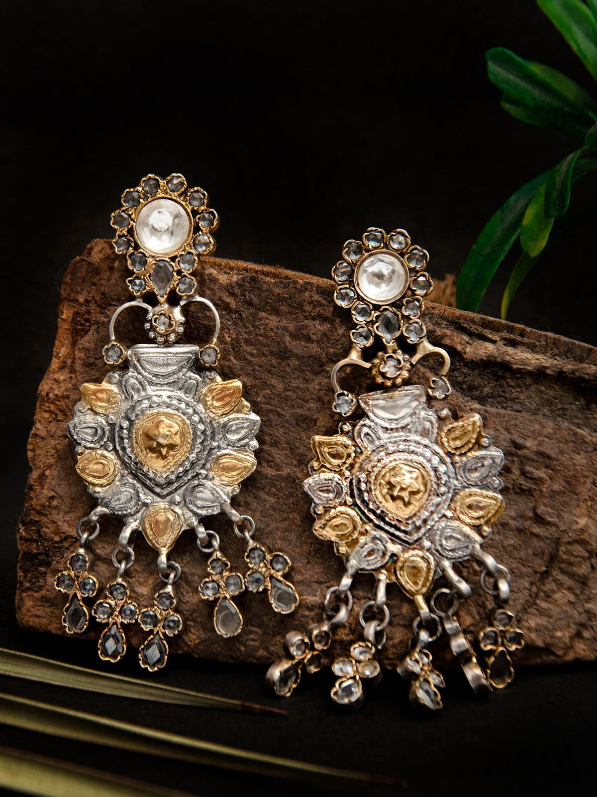 Hastakriti Swarna Varne Earrings: 925 Sterling Silver Hand Embossed Two Tone view 1