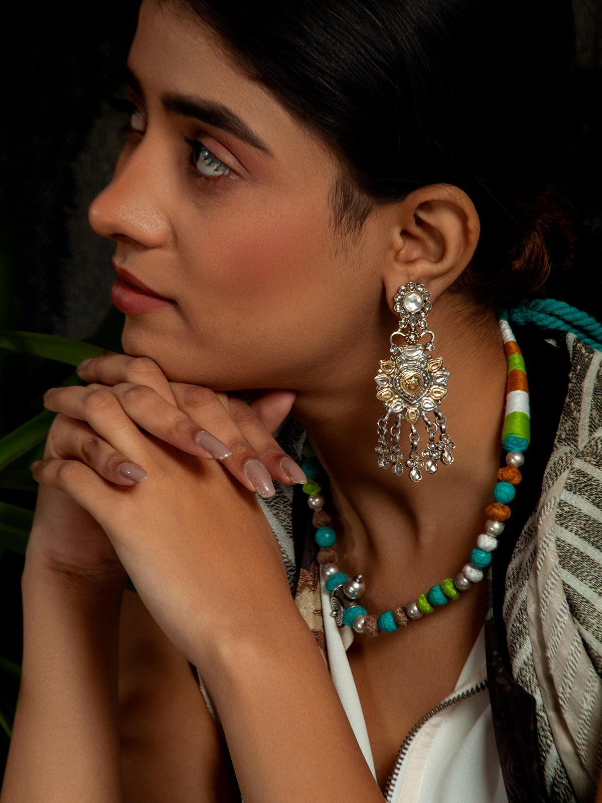 Hastakriti Swarna Varne Earrings: 925 Sterling Silver Hand Embossed Two Tone view 3