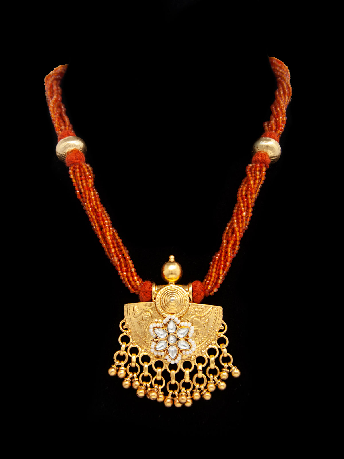 Golden Ghungroo Fusion: 925 Silver Gold Plated Pendant with Tribal Ghungroo, Floral Kundan Motif, and Orange Carnelian Gemstone Beads view 2