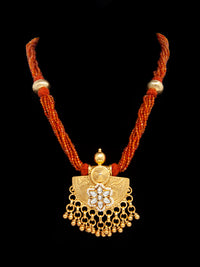 Golden Ghungroo Fusion: 925 Silver Gold Plated Pendant with Tribal Ghungroo, Floral Kundan Motif, and Orange Carnelian Gemstone Beads view 2