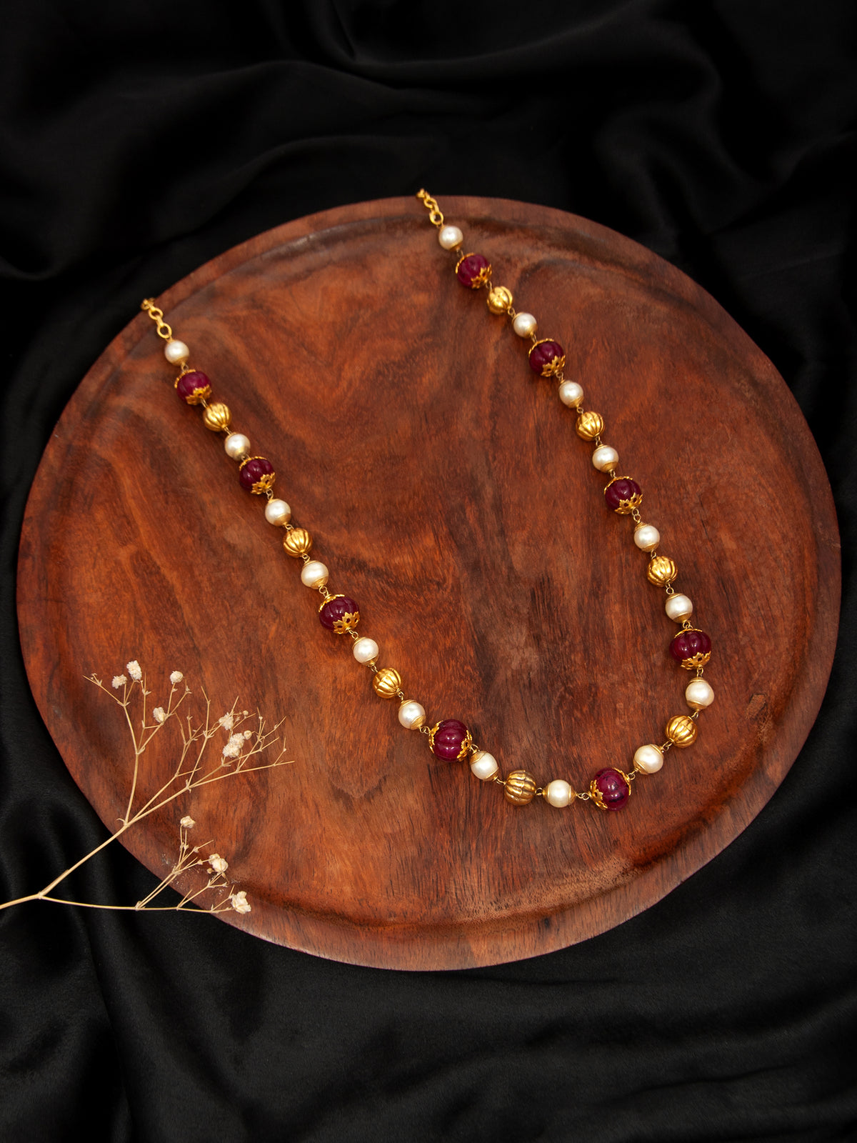 Scarlet Melon Radiance: 925 Silver Beaded Necklace with Red Melon Cut Beads view 2