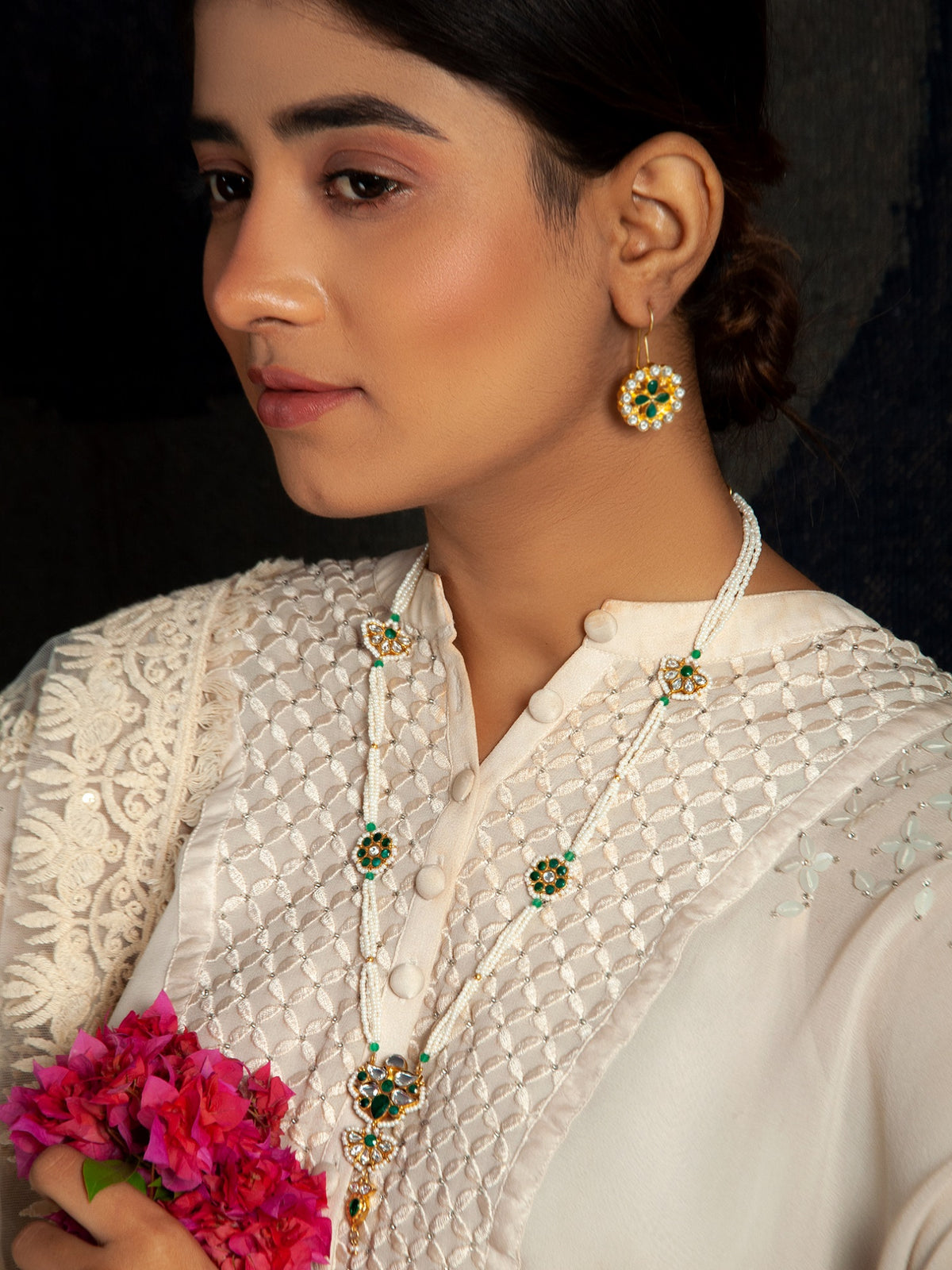 Floral Bliss: 925 Silver Floral Motif Pearl Beaded Necklace with Multicolor Kundan view 4