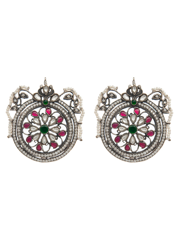 Mehfil Multicolor Kundan Round Stud Earrings: 925 Sterling Silver alternate