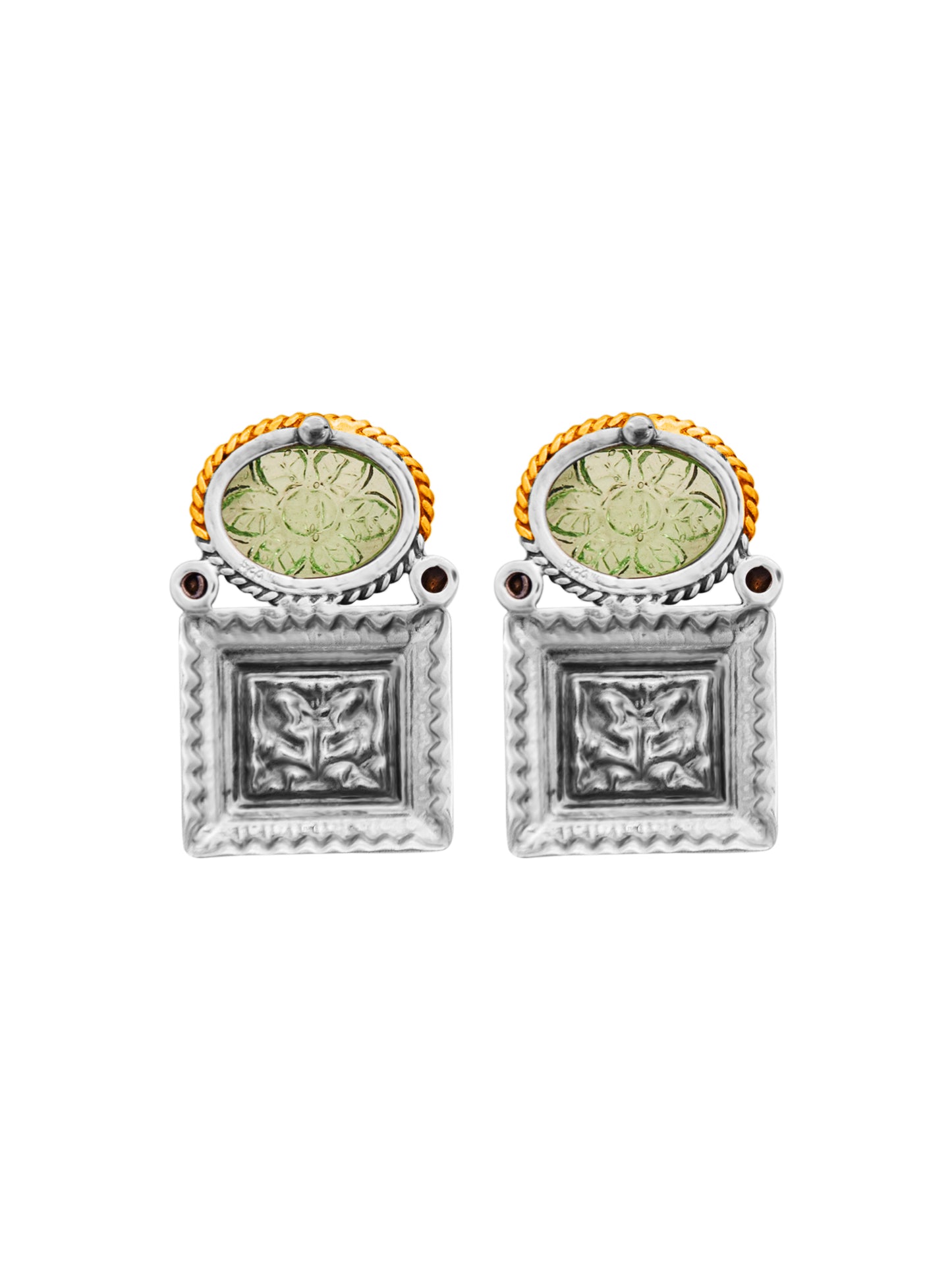 Floral Carved Green Stone Earrings - Sterling Silver & Gold Plated