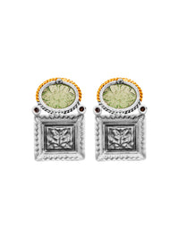Floral Carved Green Stone Earrings - Sterling Silver & Gold Plated view 5