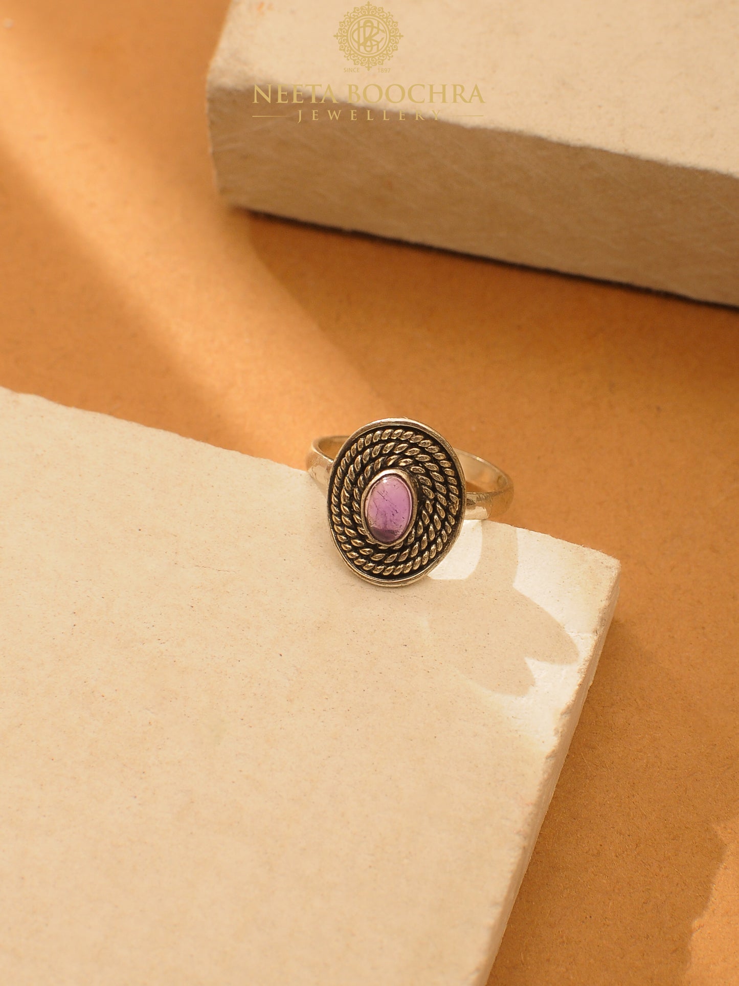 Nitya 925 Silver Oxidized Amethyst Adjustable Ring