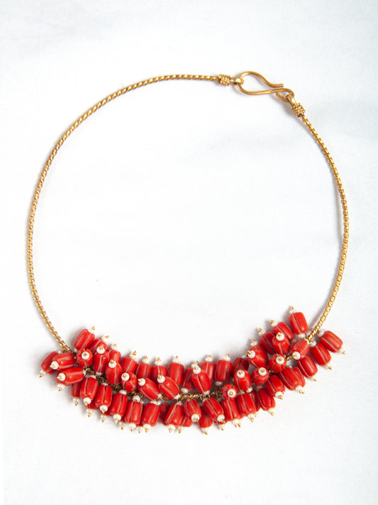 Crimson Coral Elegance: 925 Silver Gold Plated Hasli Necklace