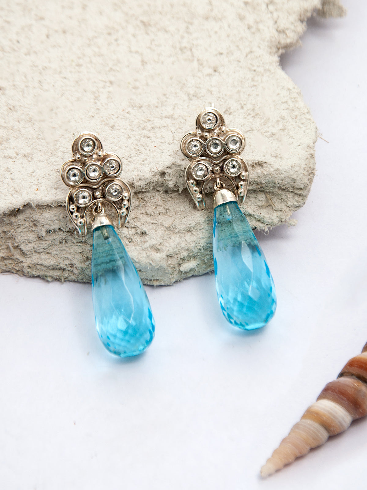 Aqua Briolette Kundan Drop Earrings: 925 Sterling Silver view 1