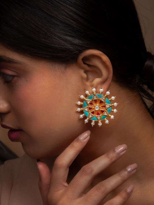 Turquoise Pearl Spiked Earrings