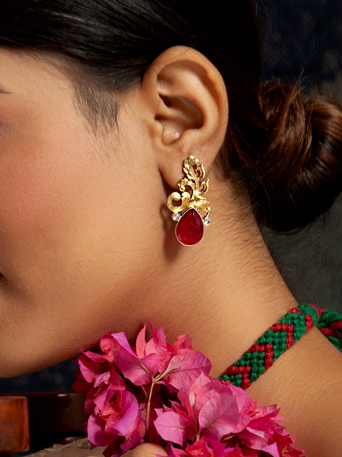 Nature's Grace: 925 Sterling Silver Leaf Earrings with Dyed Ruby