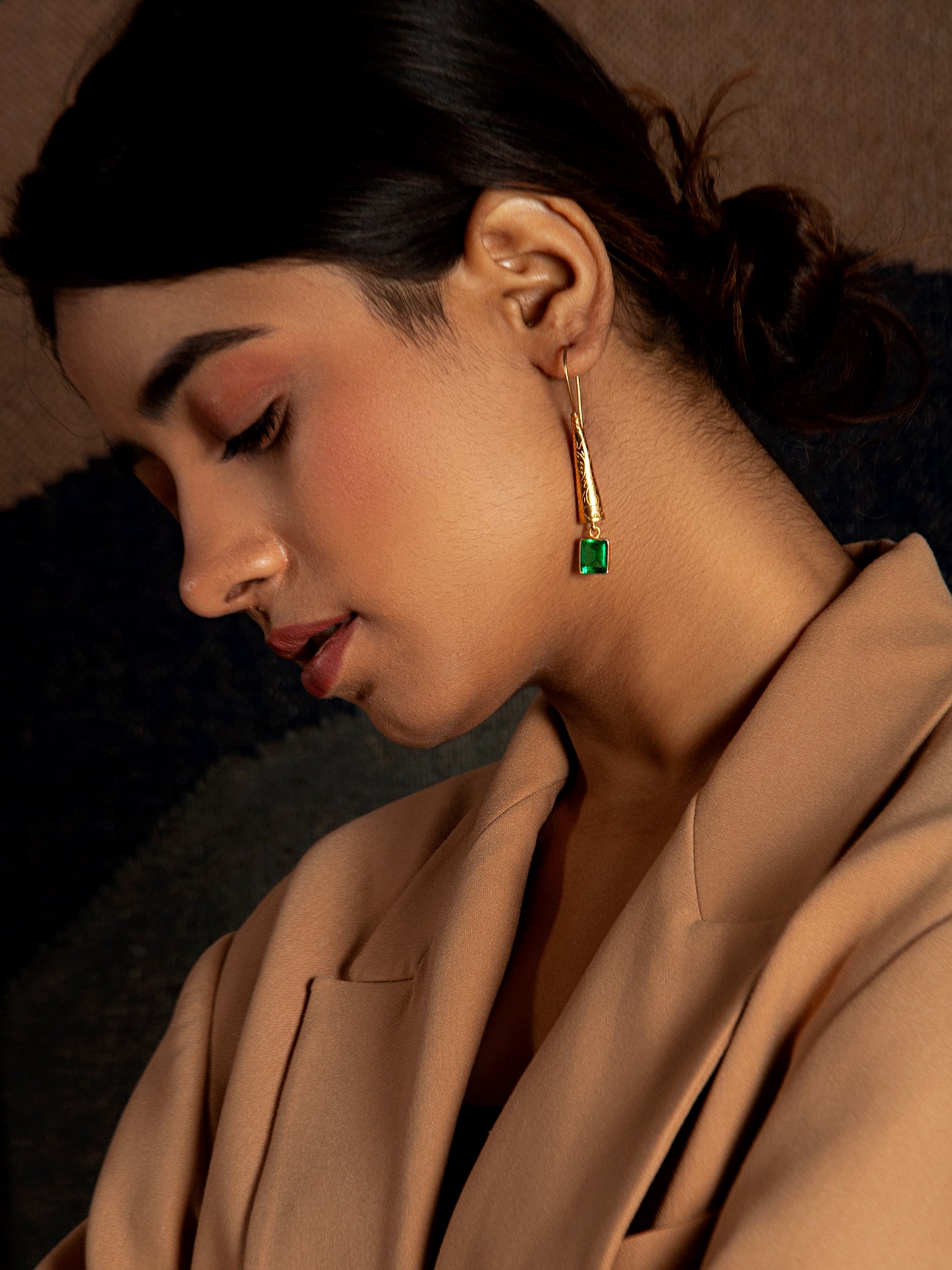 Green Glow Designer Dangler Earrings: 925 Sterling Silver Gold Plated