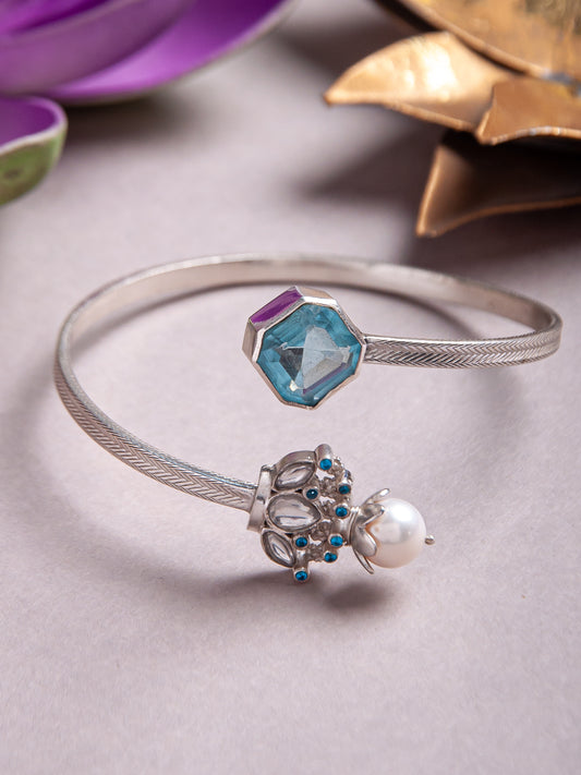 925 Sterling Silver Bangle With Aquamarine Pearl Kundan & CZ Stone