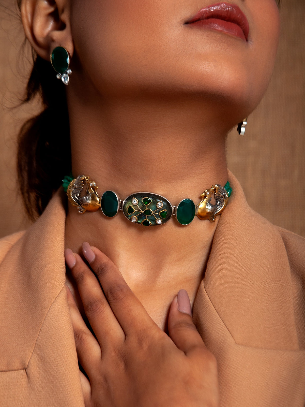 Fusion Green Bird Choker: 925 Silver with Labradorite Kundan Gemstone view 3