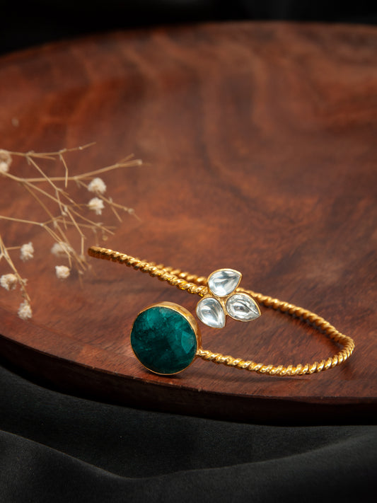 Green Radiance: 925 Silver Gold Plated Bangle Cuff with Green Gemstone and White Kundan