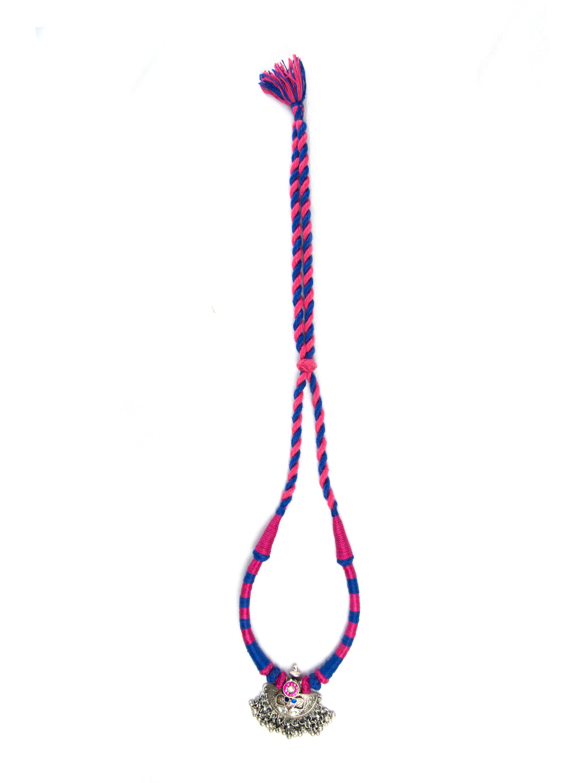 Tribal Ghungroo Symphony: 925 Silver Necklace with Pink and Blue Thread view 7