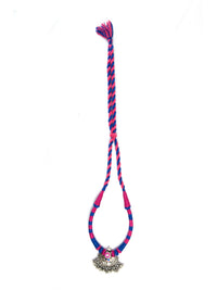Tribal Ghungroo Symphony: 925 Silver Necklace with Pink and Blue Thread view 7
