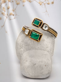 Verdant Fusion: 925 Silver Two Tone Bangle Cuff with Green Onyx Gemstone view 1