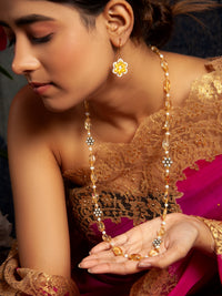 Sunflower Radiance: 925 Silver Citrine Gemstone Beads Necklace with Floral Kundan Motif view 4