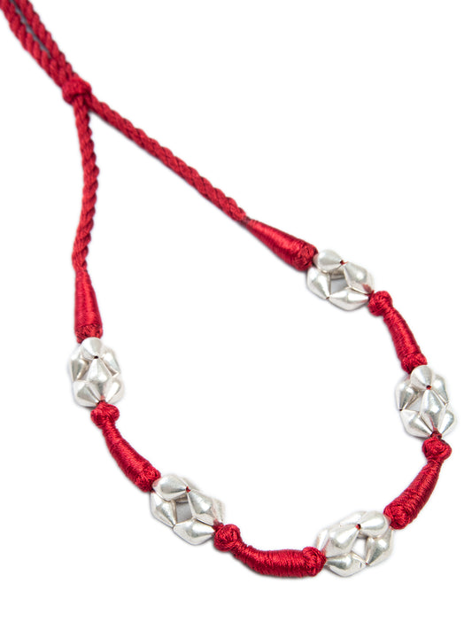 Dholki Bead Delight: 925 Silver Necklace with Red Silk Thread