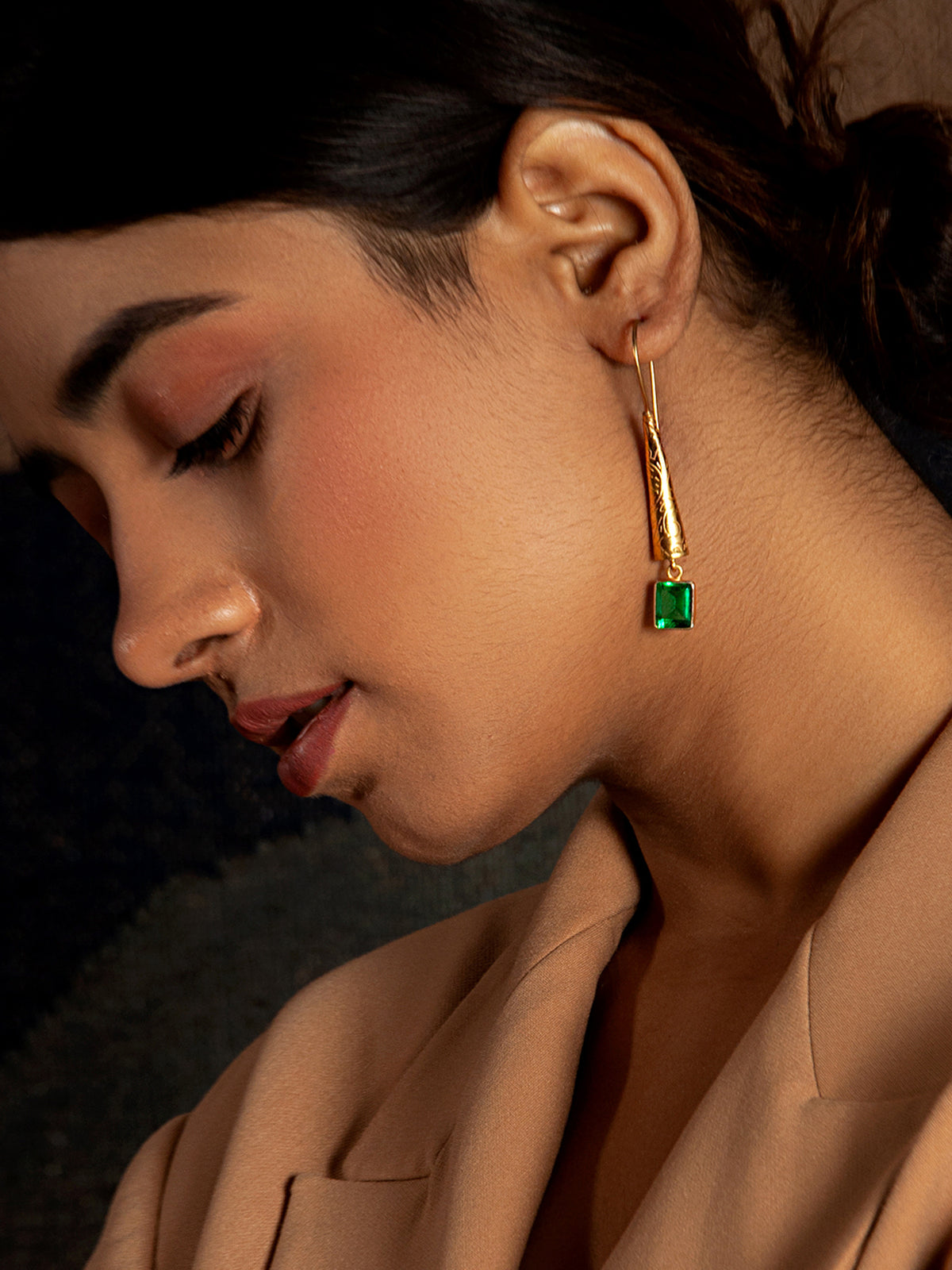 Green Glow Designer Dangler Earrings: 925 Sterling Silver Gold Plated view 3