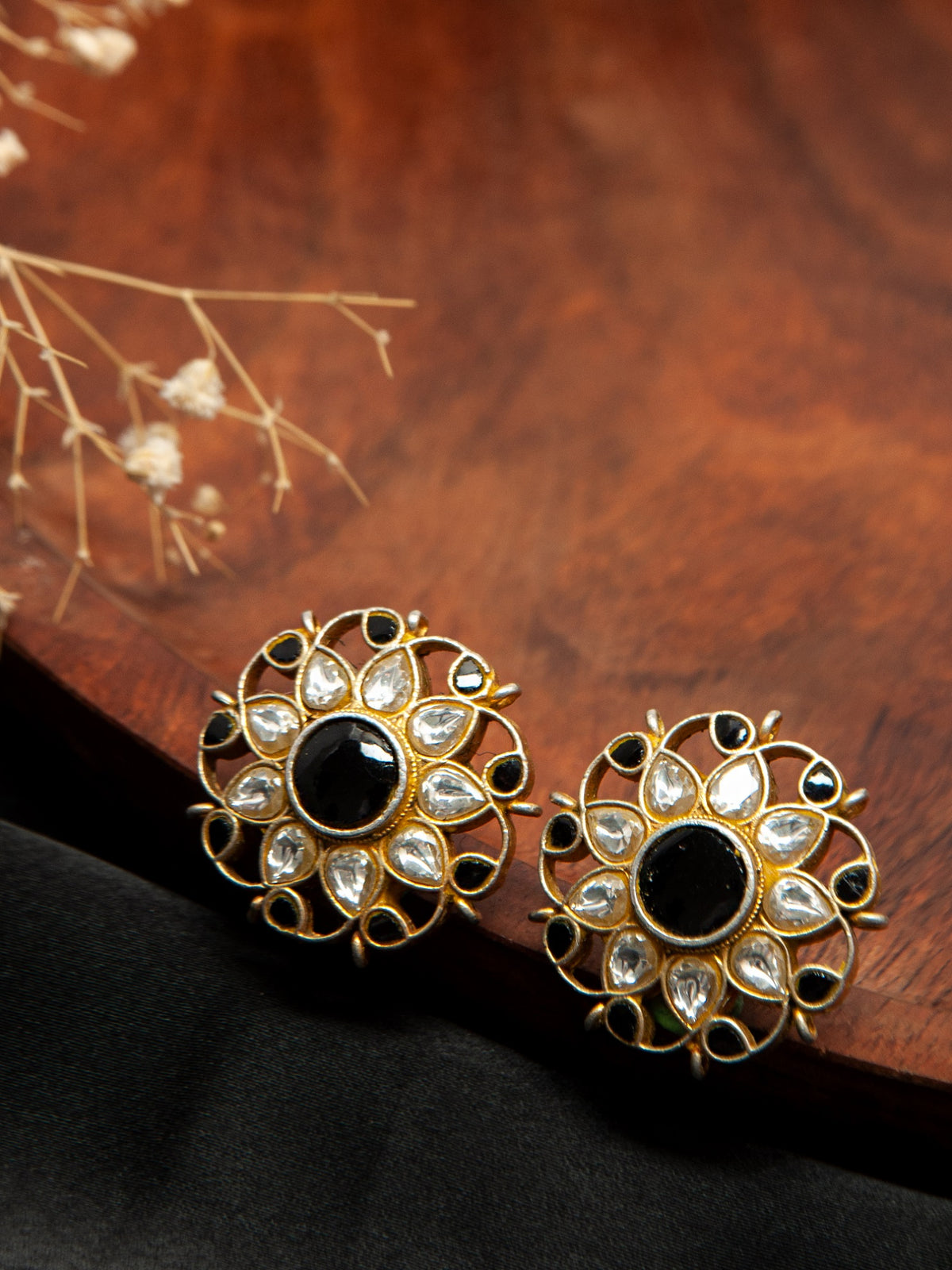 Mystic Noir: 925 Sterling Silver Earrings with Black Onyx and Kundan view 1