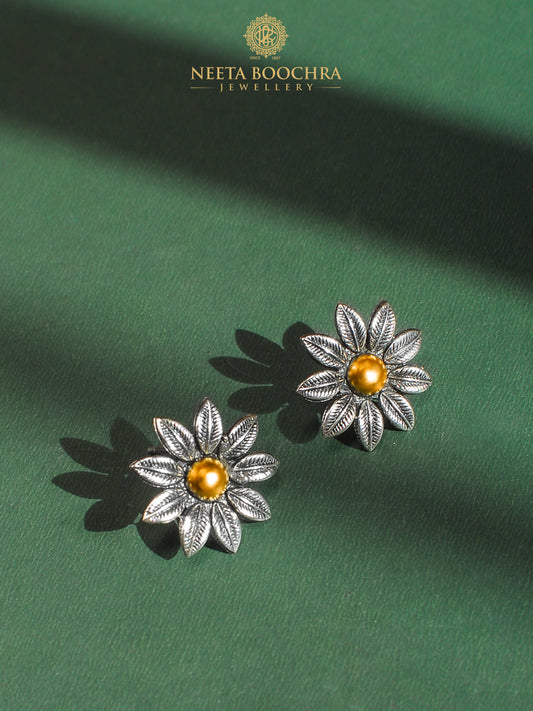 Nitya 925 Silver Two Tone Flower Earrings