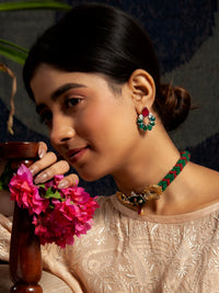 Regal Harmony: 925 Sterling Silver Earrings with Green Onyx, Ruby, and Kundan view 4