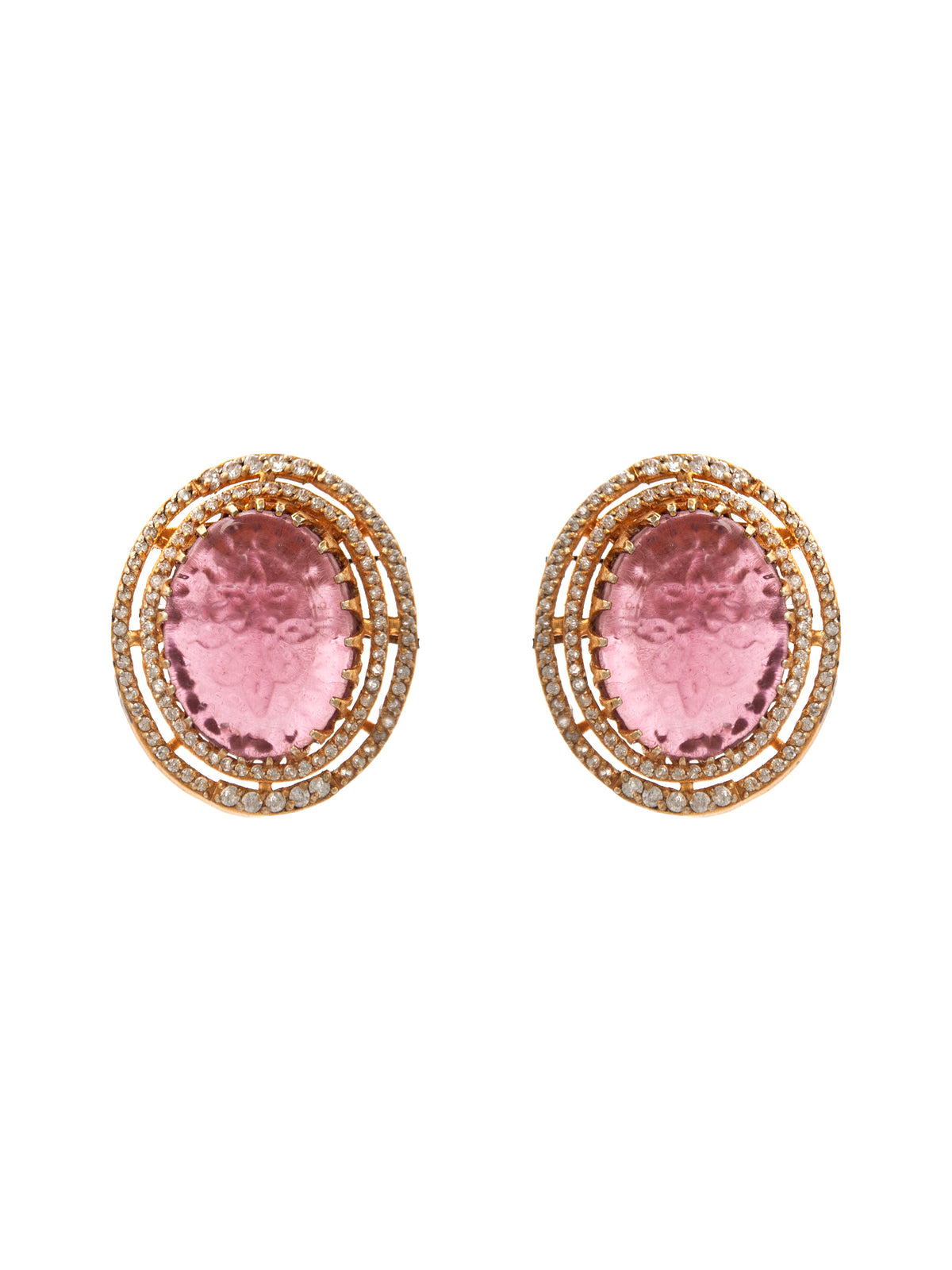Crimson Carved Gemstone Studs: 925 Sterling Silver Gold Plated view 2