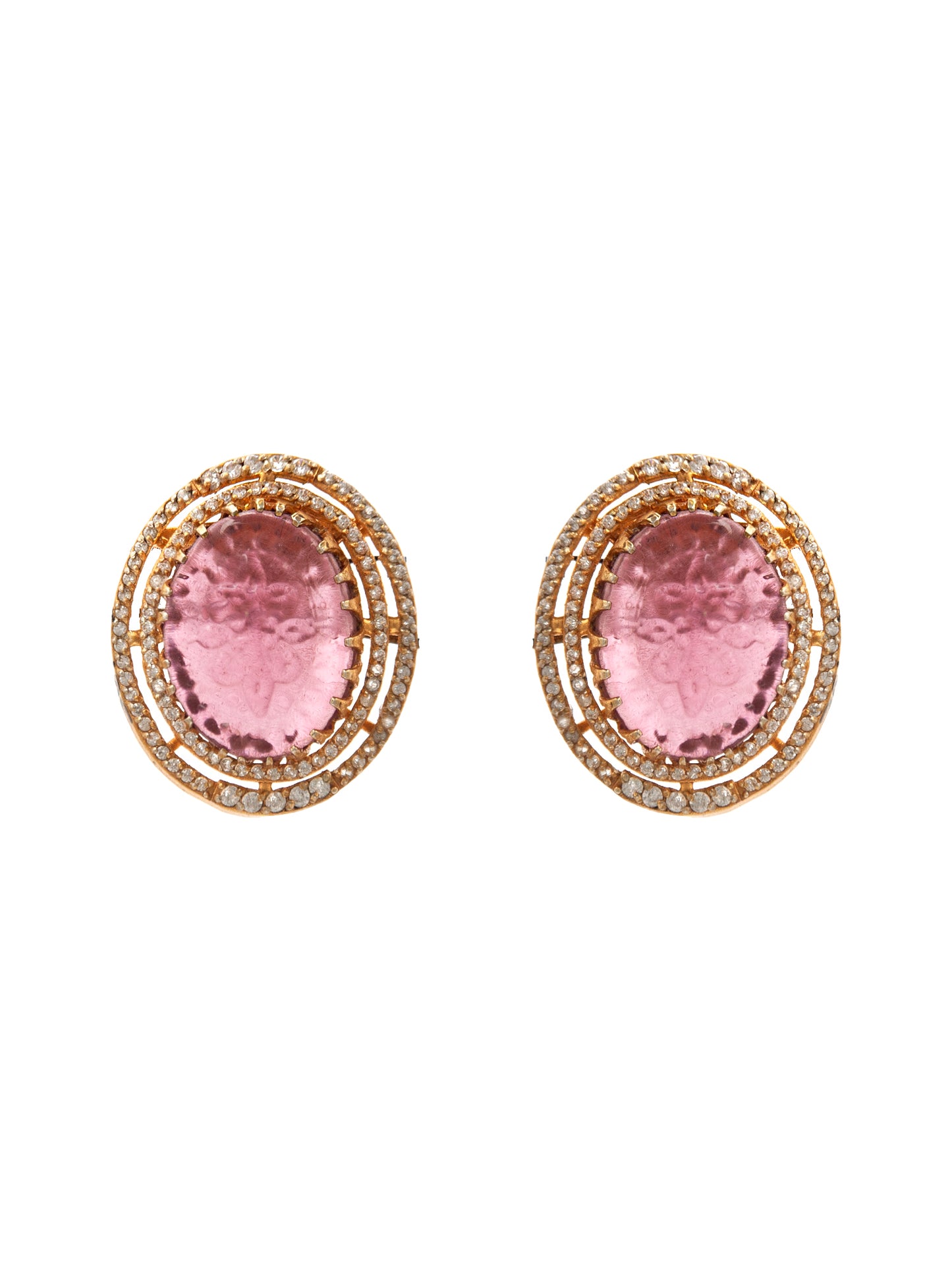 Crimson Carved Gemstone Studs: 925 Sterling Silver Gold Plated