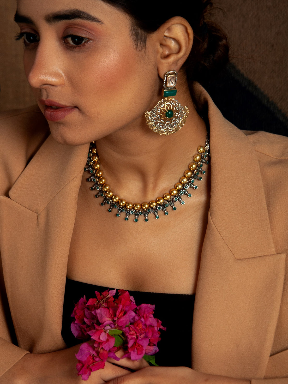 Green Tribal Elegance: 925 Silver Classic Two Tone Necklace with Green Onyx Gemstone view 3