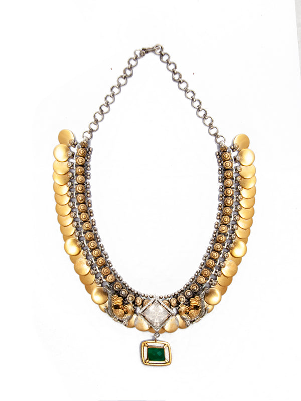 Verdant Harmony: 925 Silver Classic Two Tone Necklace with Moissanite and Green Onyx Gemstone Motif alternate
