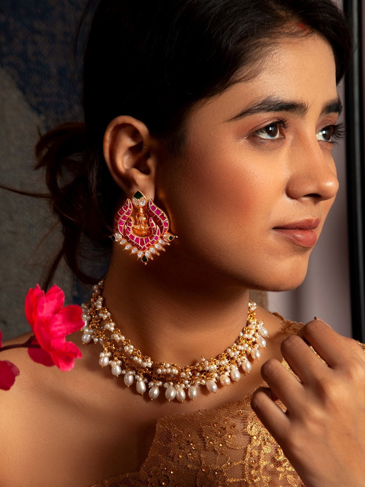 Swarna Mandir Kundan Earrings: 925 Sterling Silver Gold Plated view 3